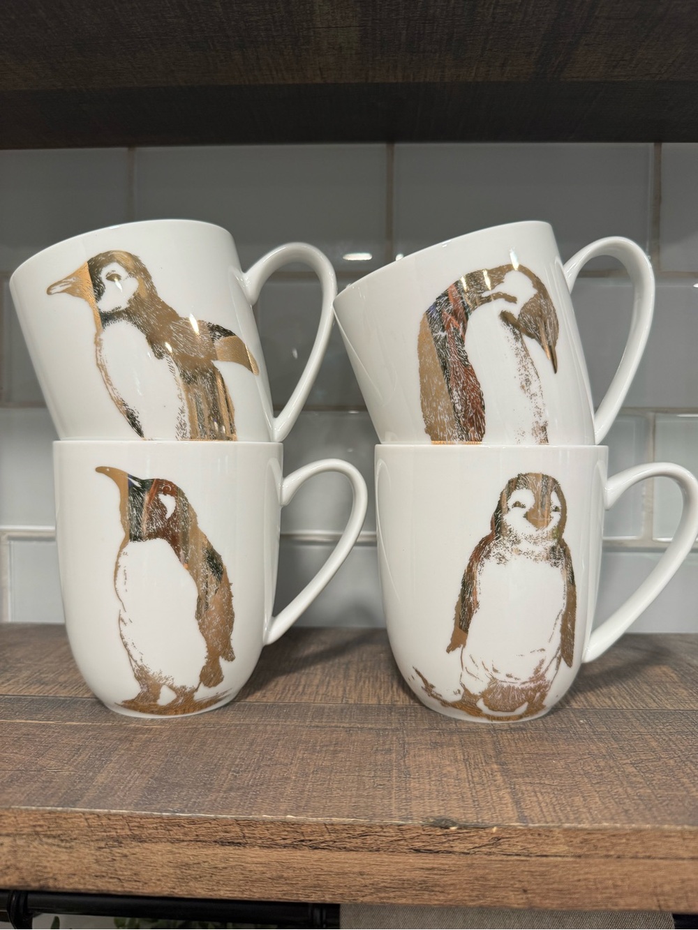 Pier 1 Gold Penguin Print on White Porcelain Coffee Mug - Set of 4